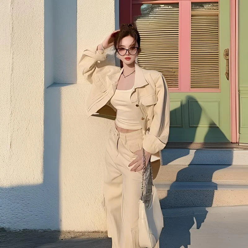 宽松套装女炸街显瘦衣服女女装牛仔短款外套直筒财阀千金洋气长裤