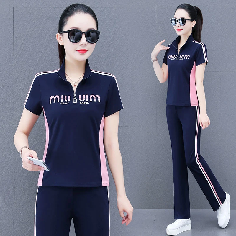 短袖休闲运动套装女夏季新款冰丝凉爽时尚运动服直筒裤两件套薄款