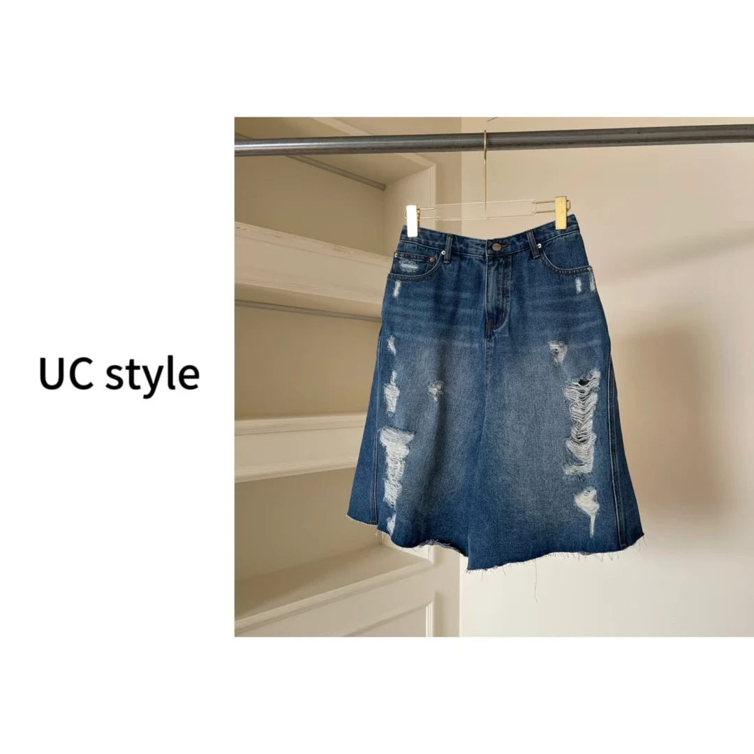 684238设计感破洞牛仔半裙主播穿S码