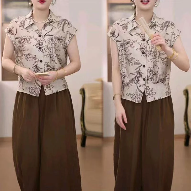 【大唐夫人】妈妈夏装短袖衬衫新中式休闲套装显气质雪纺衫
