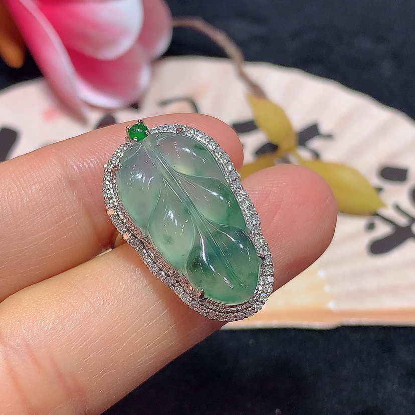 18k金天然A货翡翠飘花树叶吊坠戒指两用款轻奢时尚气质百搭