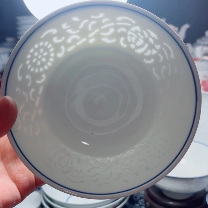 青花玲珑5寸饭碗满雕双福双线