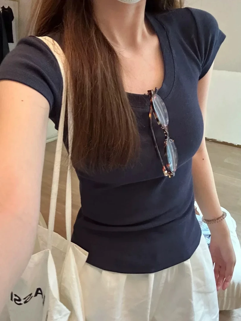 大U领正肩短袖T恤掐腰修身显瘦辣妹上衣女新款纯欲夏季纯色打底衫