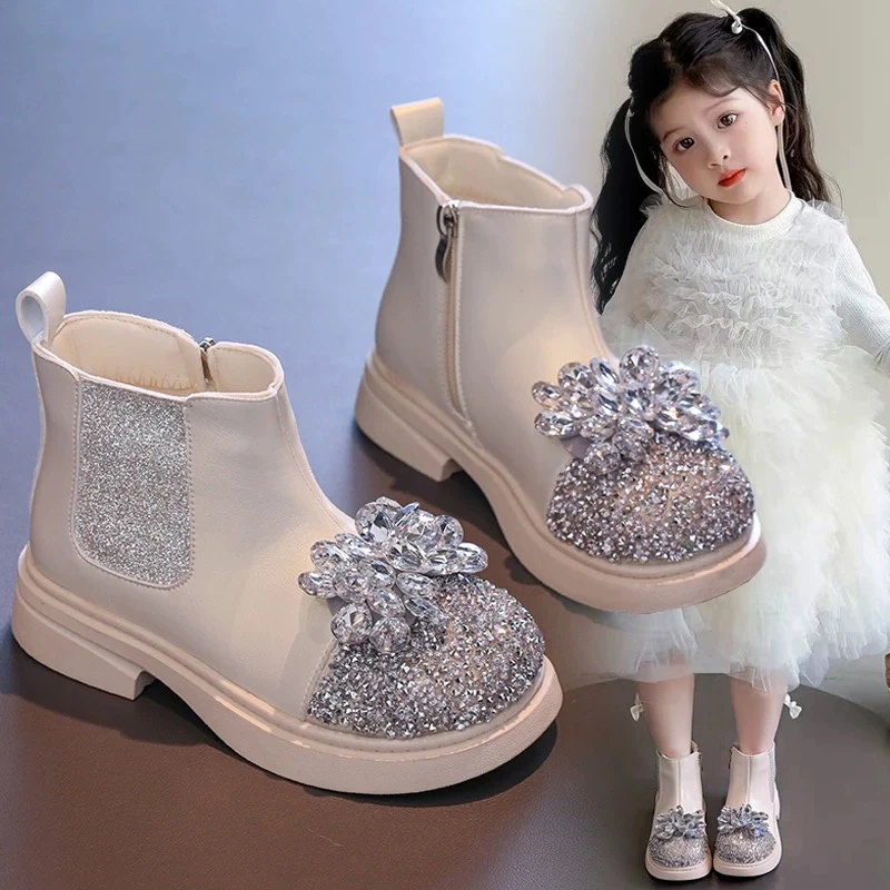 儿童皮靴2025秋冬新款女童洋气爱莎公主靴子女孩单靴水晶短靴加绒