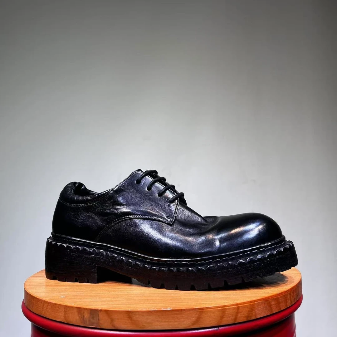 高档男皮鞋耐磨厚底增高大头德比鞋手工复古固特异马皮男休闲皮鞋