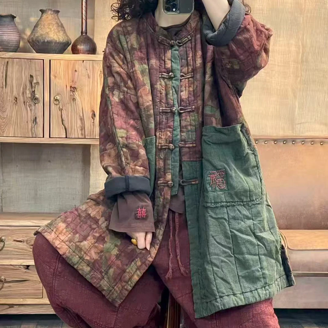 冬季夹薄棉亚麻炒色印花拼贴盘扣长外套(长88胸围138)