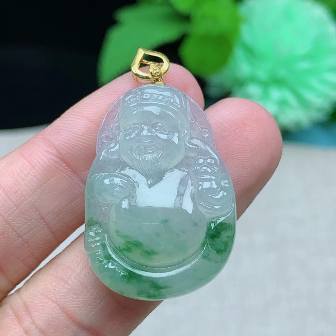 m缅甸天然翡翠A货32-22.5-5.6玉石冰种飘花财神爷吊坠礼物镶嵌女
