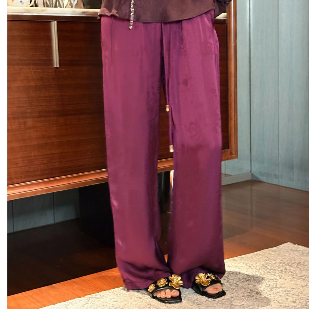 GUIDI GUDI【百般滋味】暗纹提花缎紫色国风休闲裤/黄加蓝