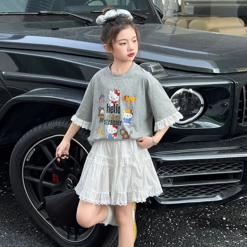 女童夏装短袖T恤2025新款大童儿童卡通印花休闲蕾丝拼接时髦上衣
