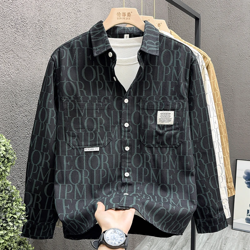 轻奢潮牌专柜品质满印长袖衬衫男装高级感痞帅高端男士纯棉寸衬衣