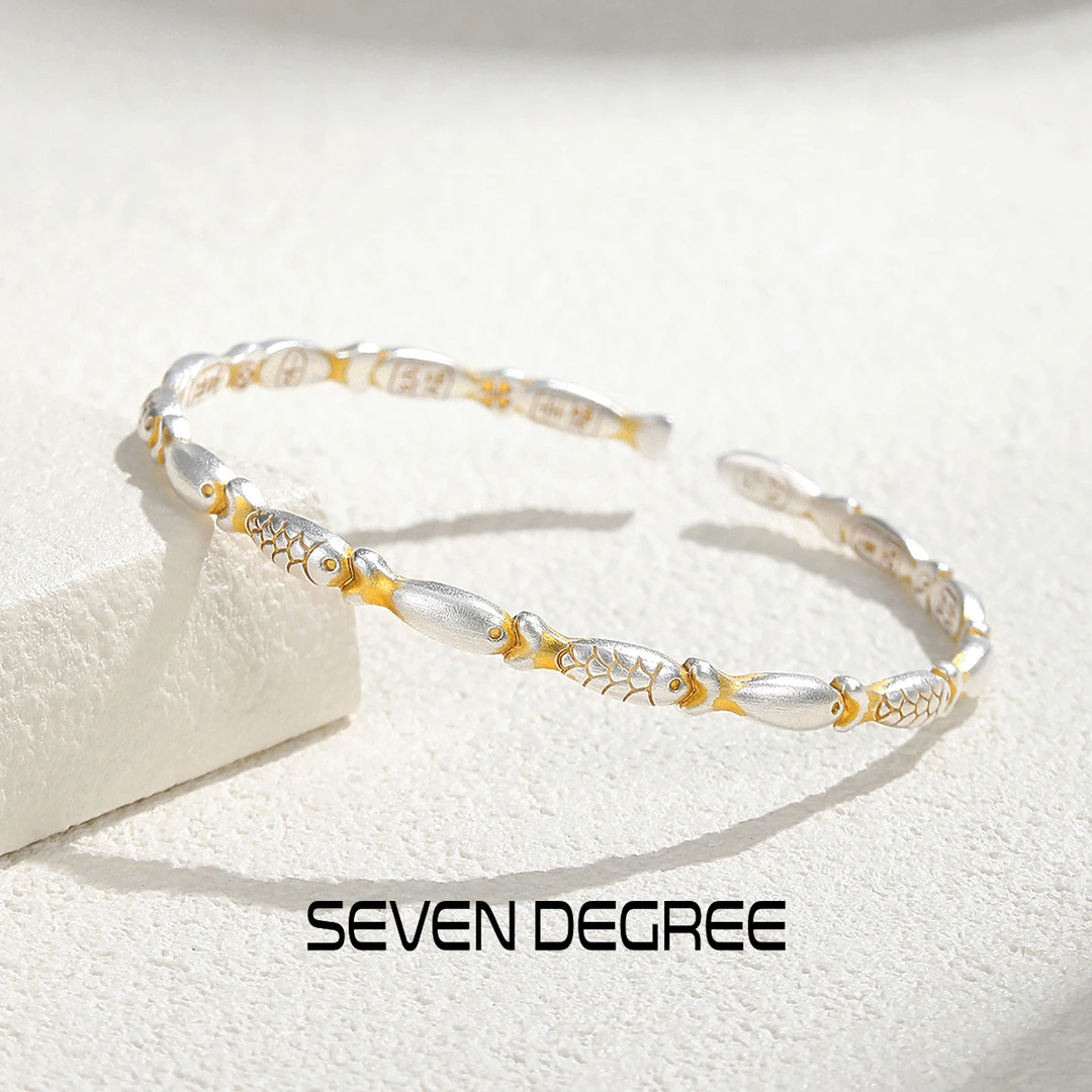 七度 足银手镯 女款年年有鱼中式银镯子简约高级感小鱼推拉银镯子