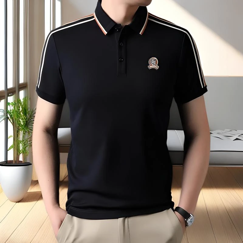 时尚翻领短袖t恤潮牌夏季新款男士条纹上衣休闲潮高档半袖polo衫