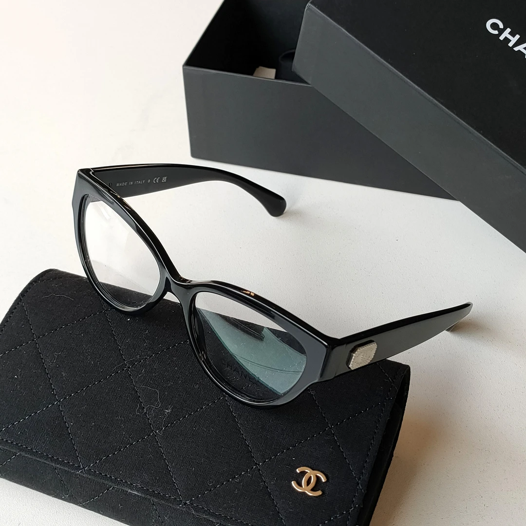 95新 Chanel/香奈儿 Azul-黑色3436/55方糖双C猫眼平光镜 44313