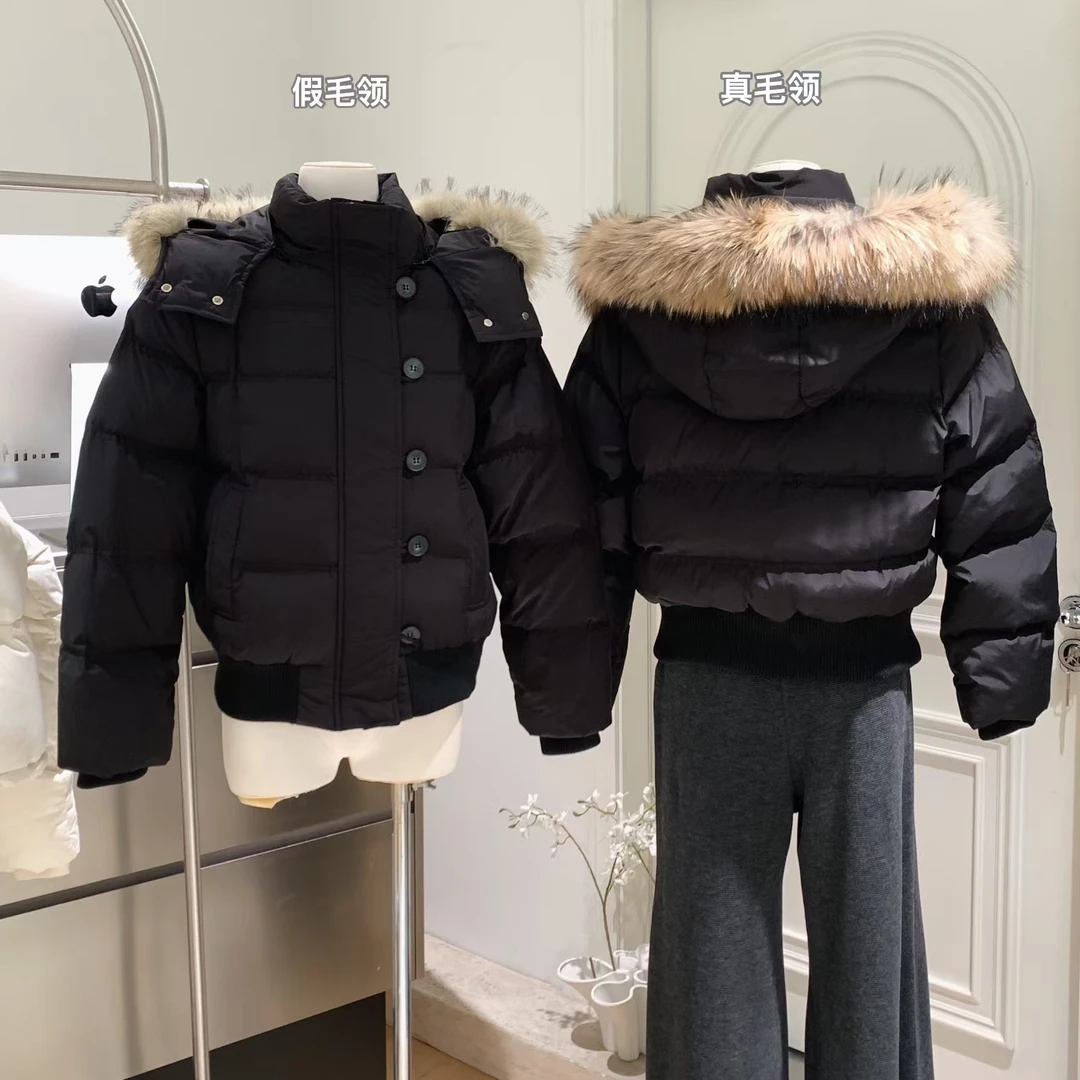 8uioio南区菲奥娜黑色连帽毛领外套女冬季新款短款羽绒服