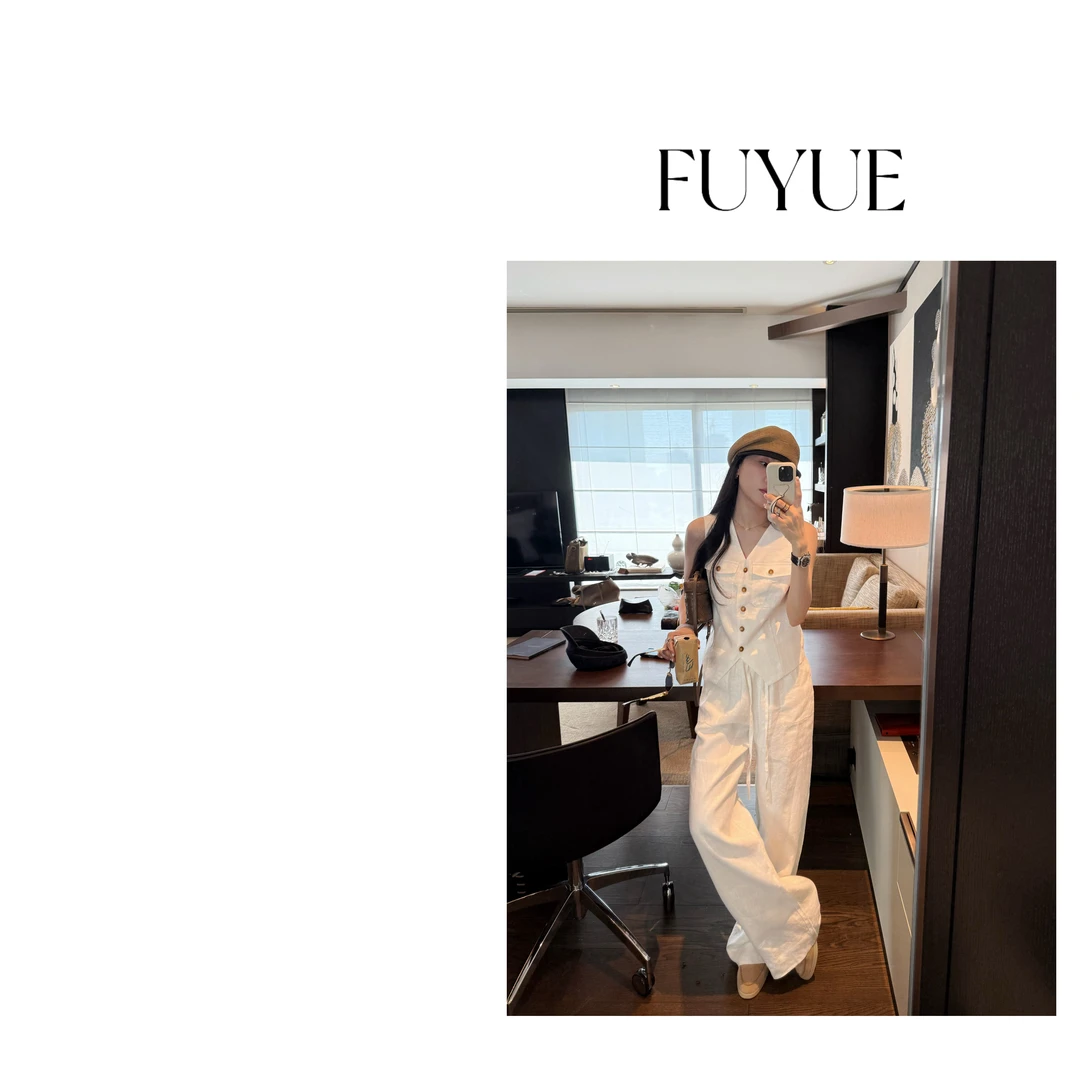 FUYUE赴约 品质白色亚麻抽绳裤阔腿宽松显瘦气质高腰时尚休闲百搭