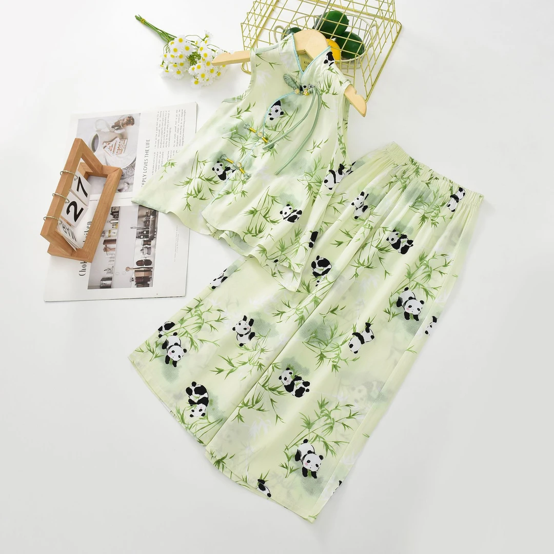 女童棉绸国风套装夏季薄款儿童女孩人造棉无袖背心阔腿裤两件套