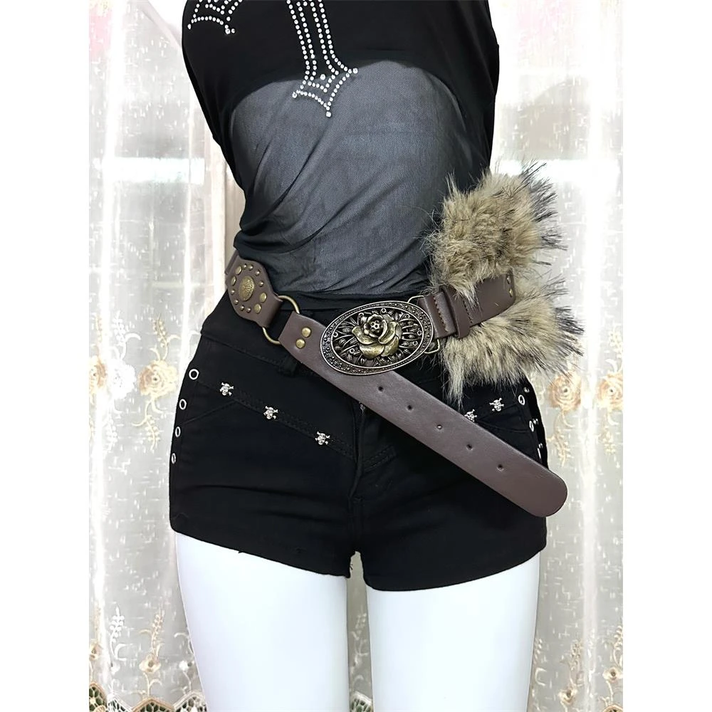 新款腰带亚文化个性毛毛美式复古拼接搭配配饰辣妹皮带y2k腰封