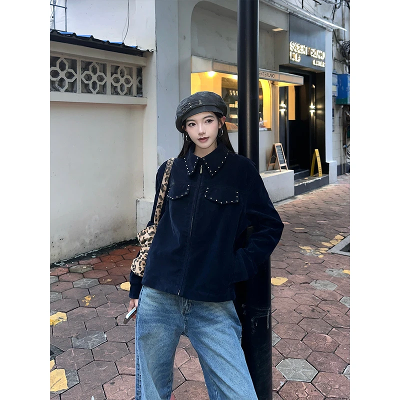 URKR时髦街头柳钉翻领夹克外套女美式机车风短款上衣百搭
