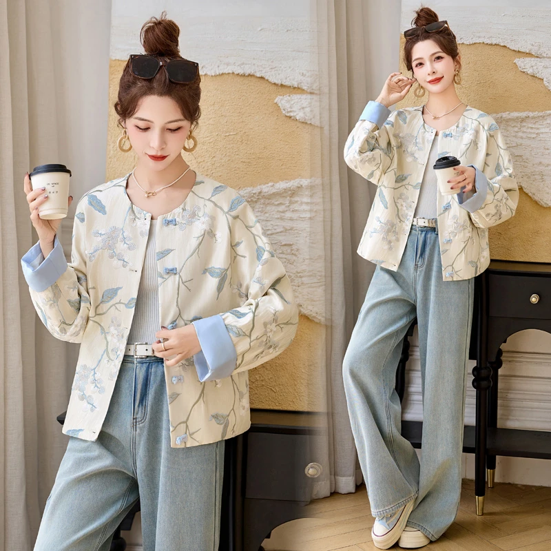 新中式国风重工刺绣短外套女2025春季新款宽松气质盘扣高级感上衣