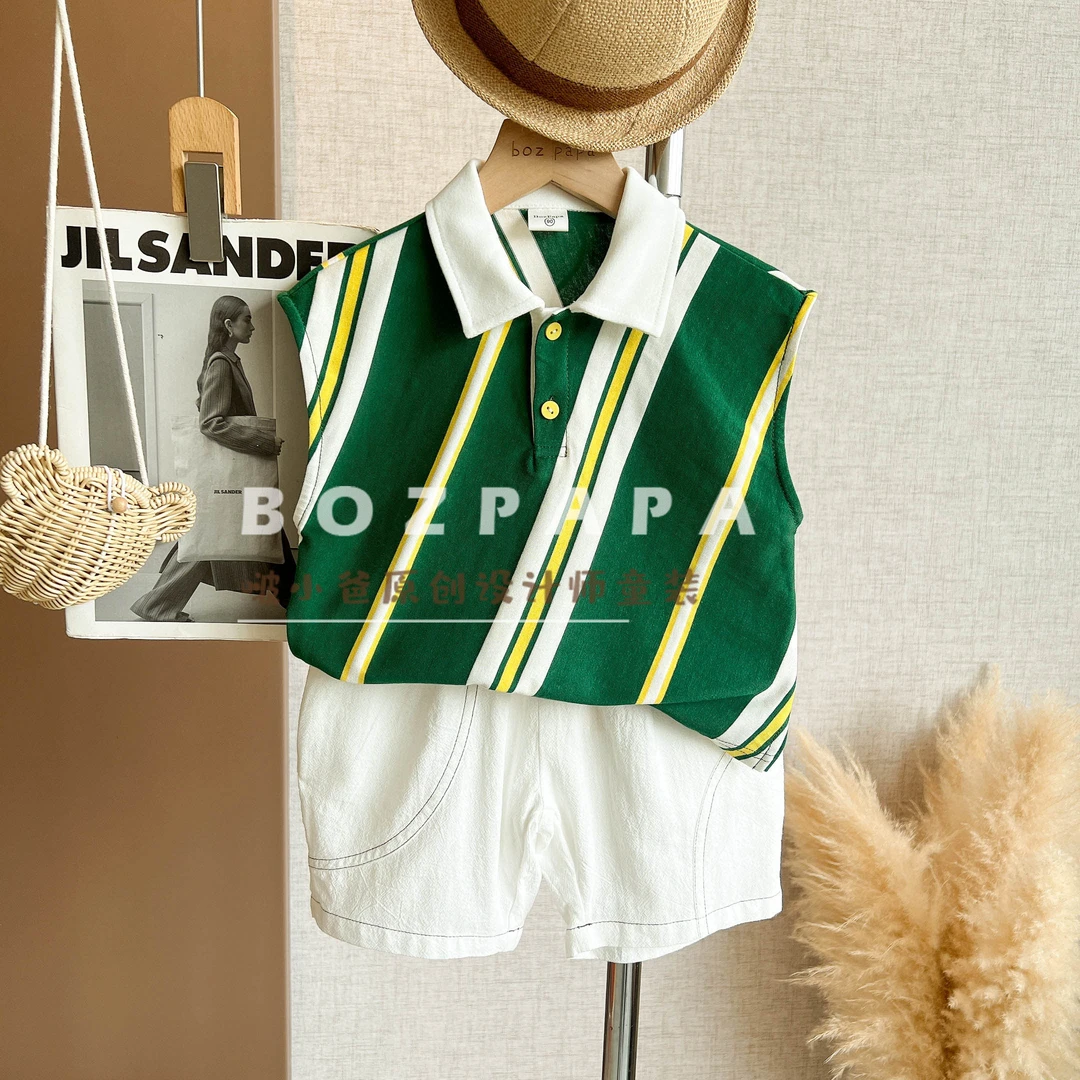 现货啵小爸定制【松林光影】2025夏季男童韩系斜条纹无袖POLO衫套装