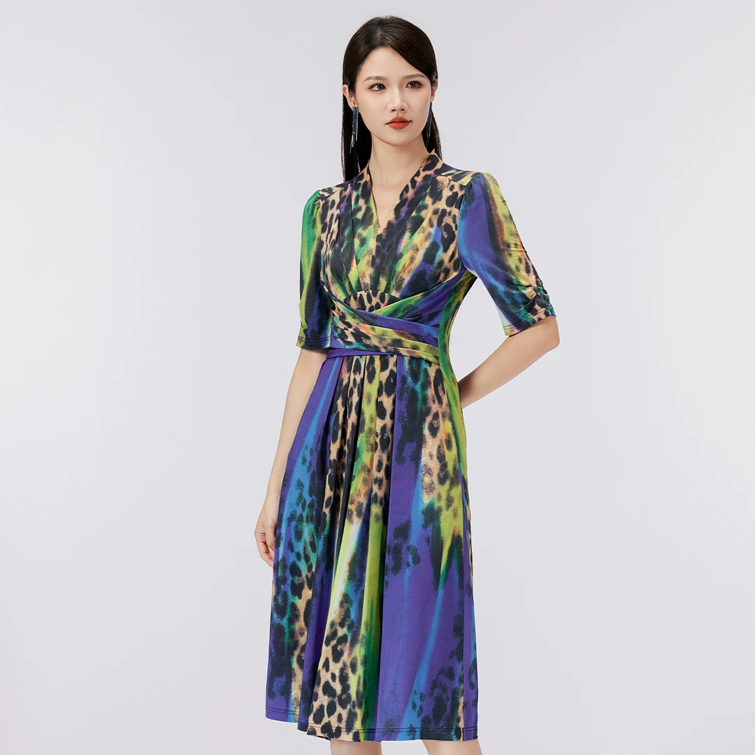 【澜海】古色V领高腰豹纹连衣裙温柔风裙女装设计师夏季长裙碎花