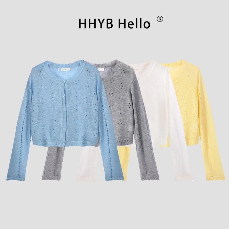 HHYB Hello韩系镂空防晒针织开衫女短款显瘦外搭空调衫M1248