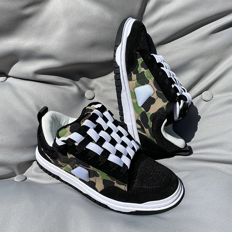 耐磨防滑男板鞋嘻哈风休闲鞋迷彩编织鞋带男鞋百搭潮鞋学生面包鞋