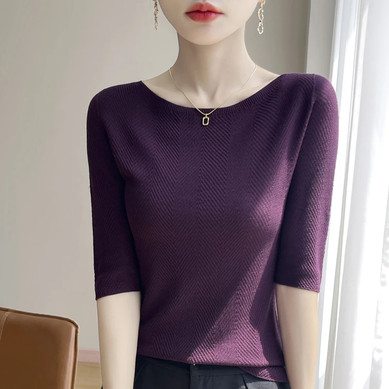 无缝桑蚕丝与莱赛尔天丝针织一字领薄款中袖夏季女修身针织短袖女