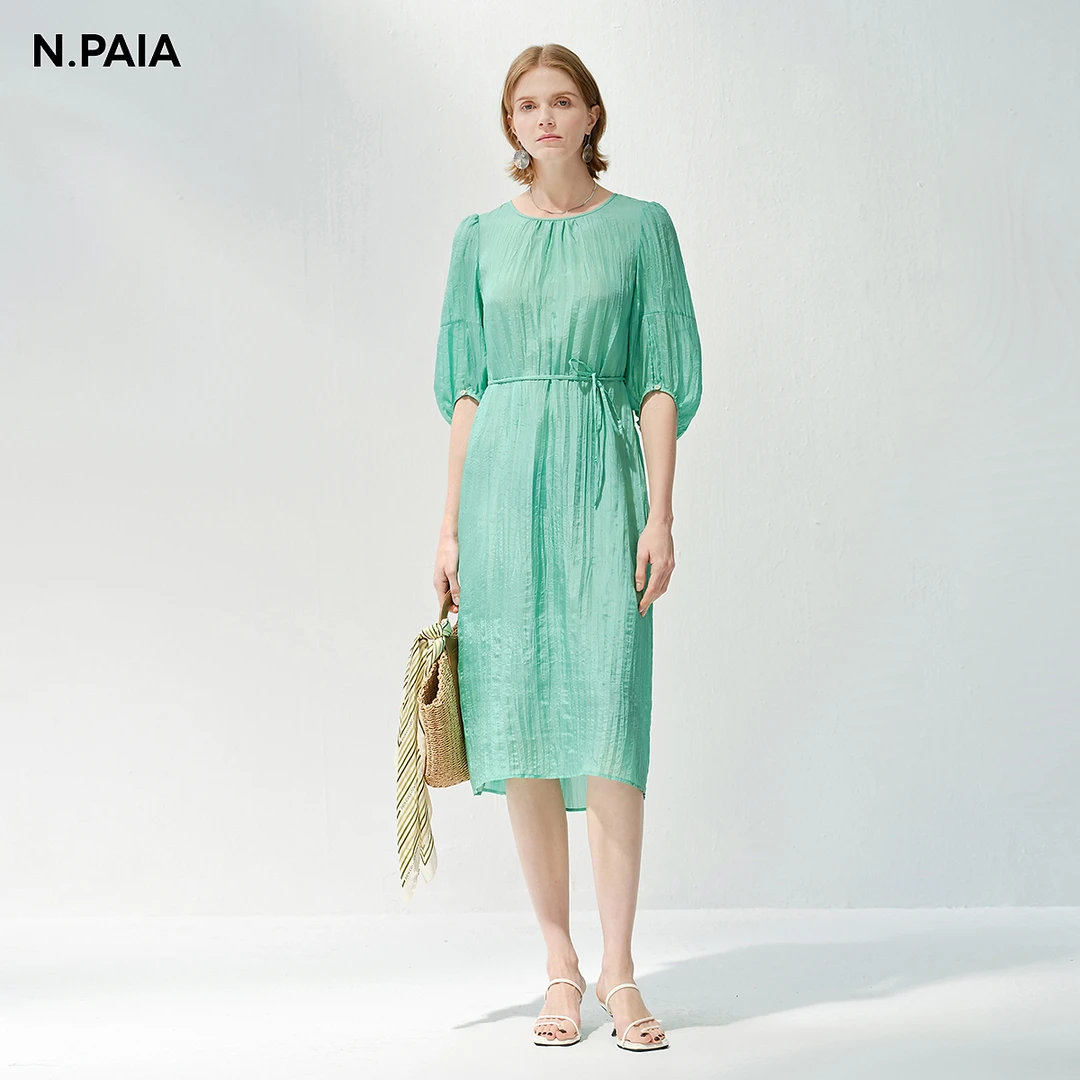 恩派雅2025新款桑蚕丝收腰系带海边长款短袖连衣裙女XNKES4515A