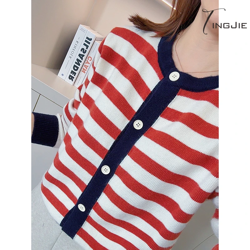 婷姐~【亮色系新款】显白出片橘色条纹拼接撞色针织开衫B2402