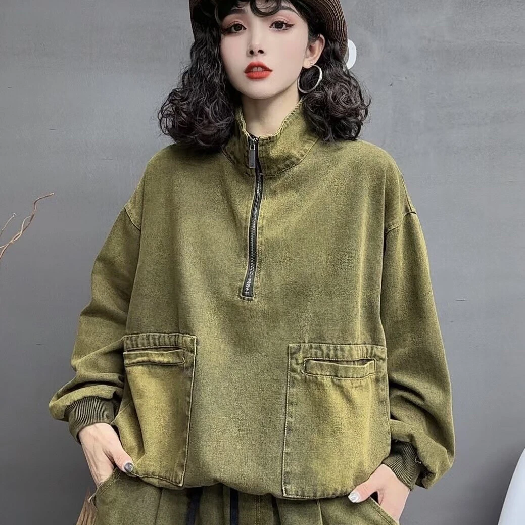 【铃铃】春款炒色百搭宽松拉链双兜套头软牛仔上衣（胸围130衣长60