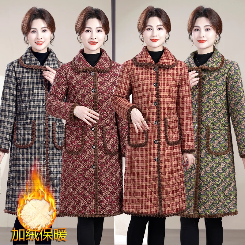 妈妈冬季新款加绒大码棉衣中老年女装冬加厚薄款印花长款棉服外套