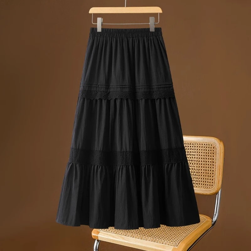 黑色a字半身裙女春秋季2025新款今年流行的爆款半裙蕾丝拼接伞裙