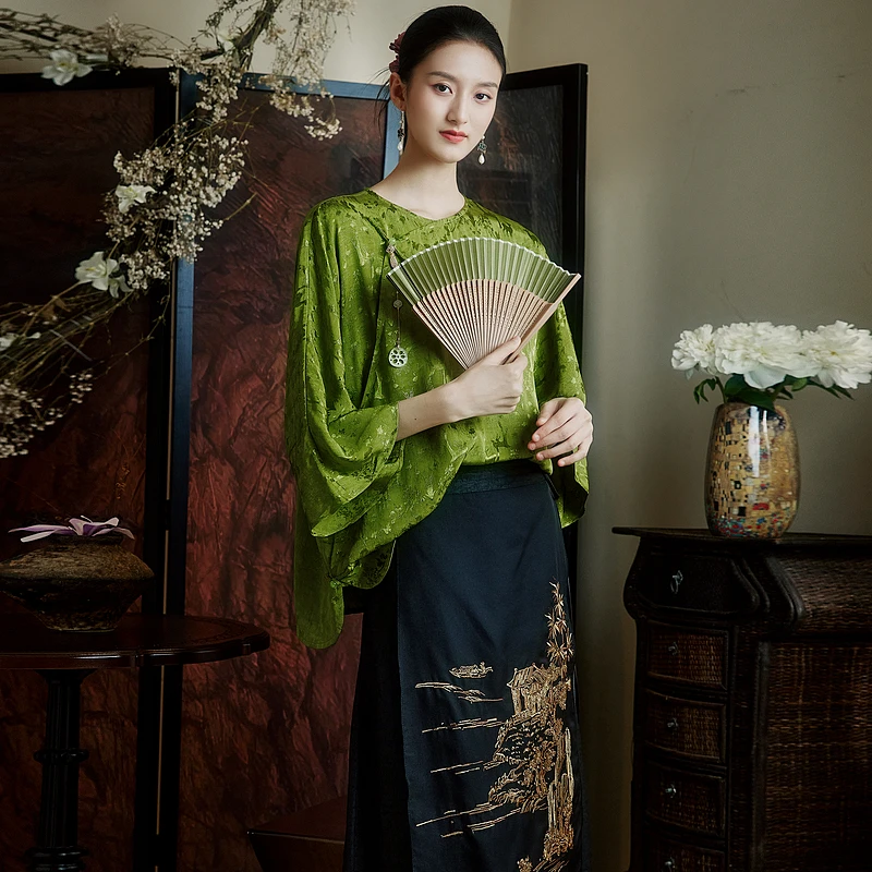 陌遇丨绿茵丨中国风提花缎圆领茶服夏季新中式唐装上衣M258270
