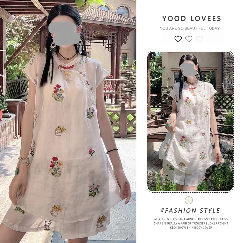 新中式国风刺绣短袖开叉上衣套装女夏2025新款短裤洋气减龄两件套