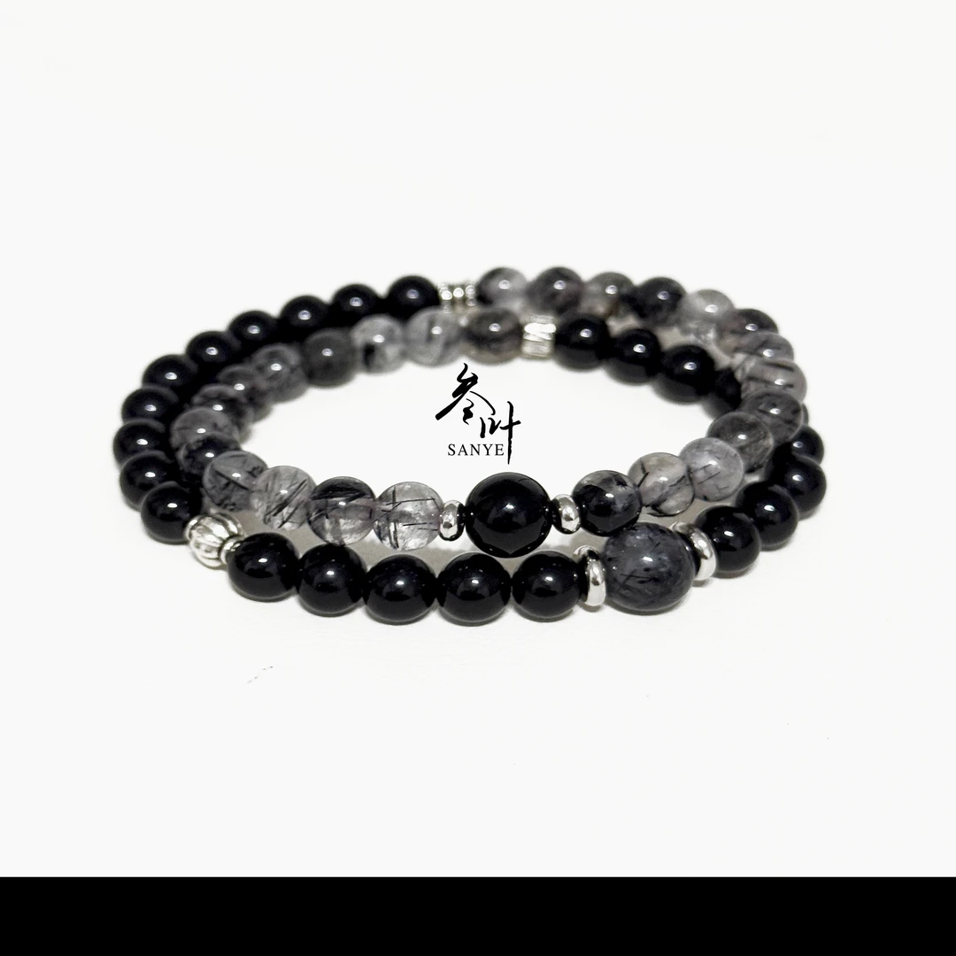 【墨染｜事某业】新中式天然黑发黑碧玺双层原创黑色手串6MM