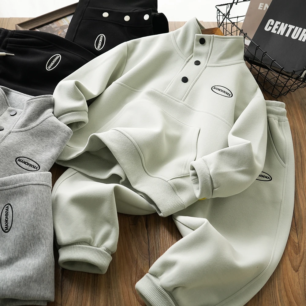 男童儿童秋季新款字母刺绣口袋开领卫衣套装中大童百搭两件26626