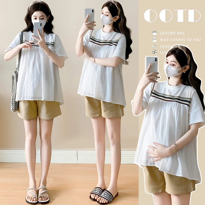 孕妇遮肚子不显怀上衣夏装韩版洋气娃娃衫短袖t恤孕妇套装裤子女