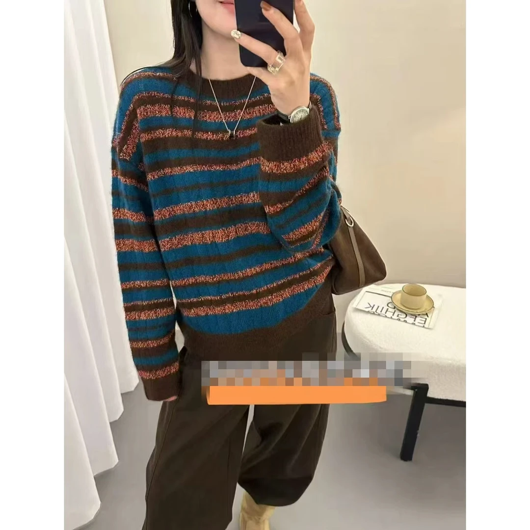 【 线下同款】~高定款! 圆领条纹拼色设计感毛衣女宽松时尚B1697