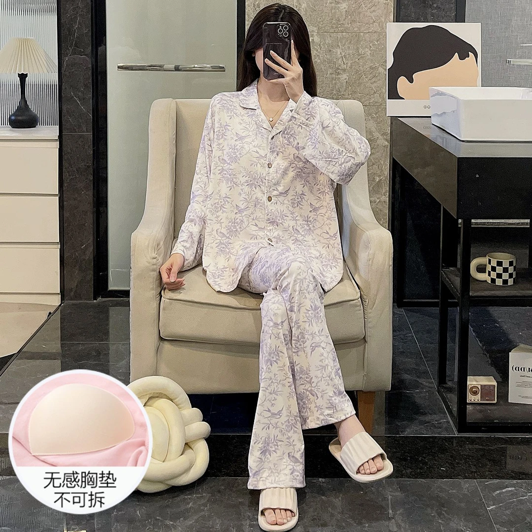 睡衣女春秋季德绒长袖2025新款带胸垫大码保暖紫叶家居服夏天套装