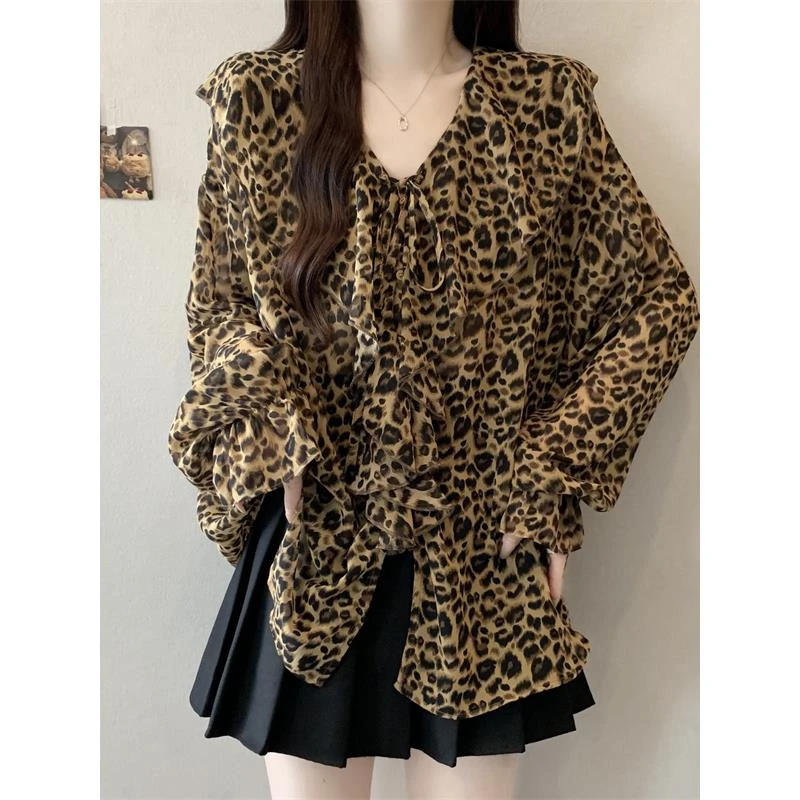新品大码早秋覆古豹纹V领衬衫女2025新款宽松显瘦百搭辣妹上衣5