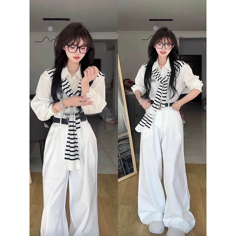 2025新款爆款开春韩系穿搭简约polo领衬衫披肩高腰阔腿裤三件套装