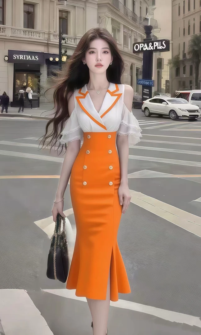 新款优雅轻奢高端大气橙色V领露肩修身收腰包臀长款连衣裙氛围感
