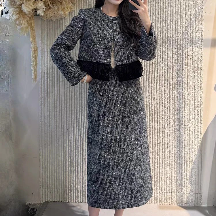 大码胖mm法式高档轻奢细闪拼接小香风外套2025秋冬半身裙两件套女