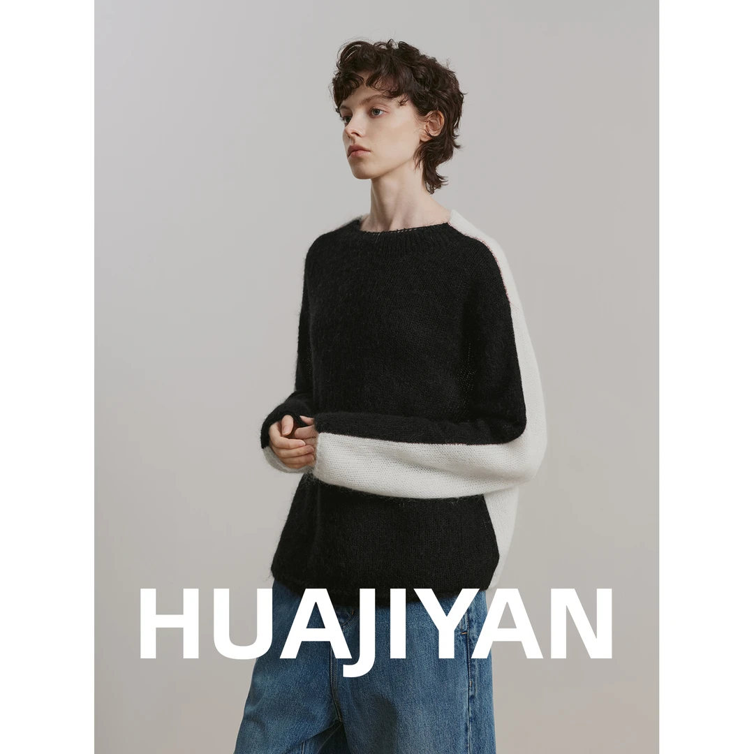 华吉言/HUAJIYAN【双皮奶】绵羊毛马海毛混纺撞色两穿圆领毛衣