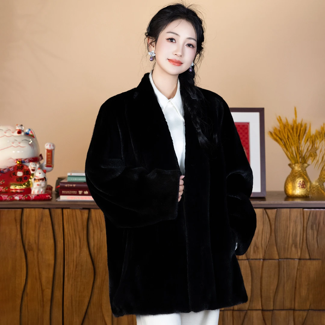 华裳格进口皇冠短二水貂V领高奢皮草大衣皮草貂毛外套HS1383