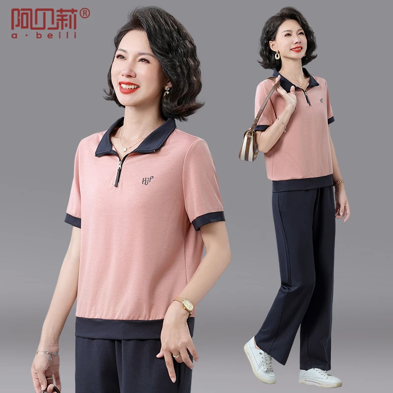 母亲节妈妈夏装运动套装新款中年短袖POLO衫中老年女士休闲两件套