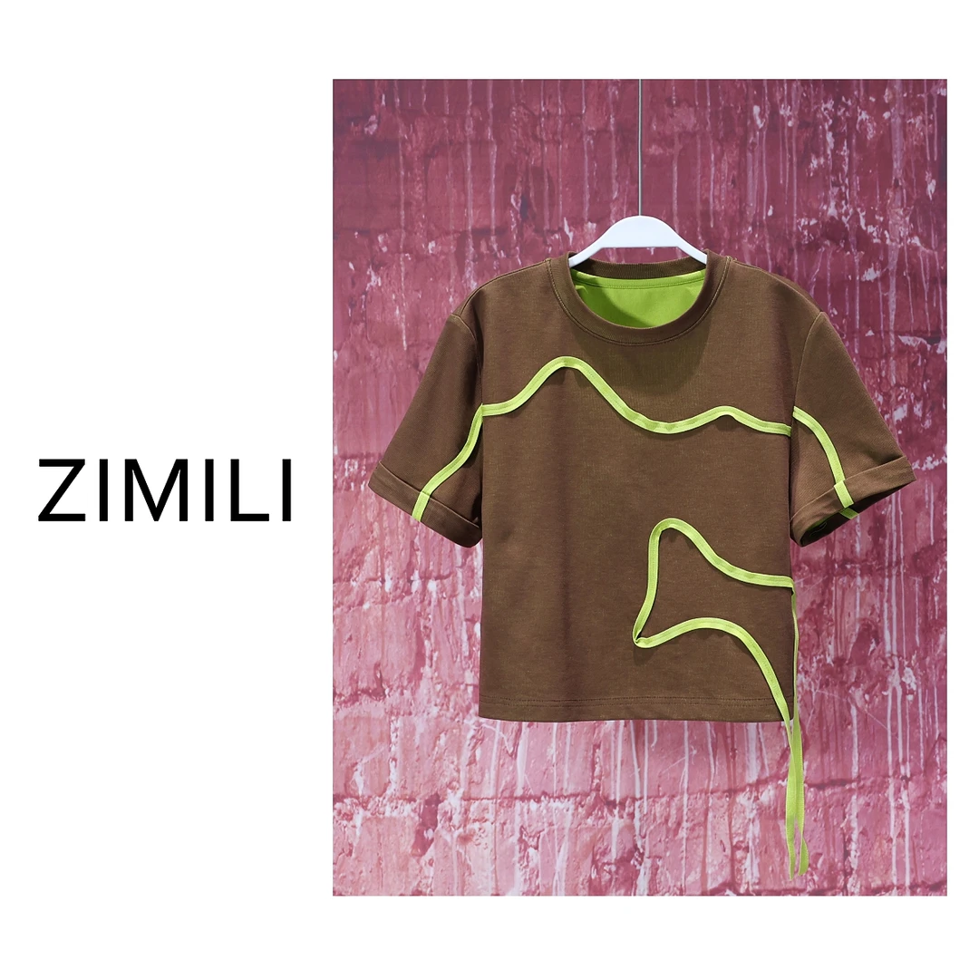 【LIANG哥女装】2025莱赛尔天丝轻薄透气茶褐色撞色盘花圆领T恤6220