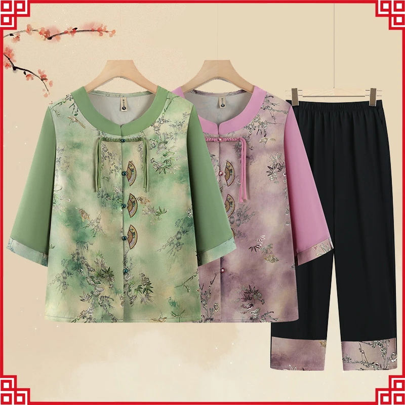 中老年人夏装女奶奶衬衫新款60岁70妈妈套装老太太新中式老人衣服