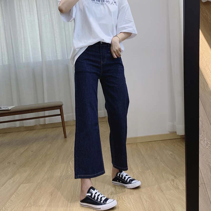 深蓝色九分牛仔裤女夏季新款胖妹妹mm梨形身材宽松显瘦直筒阔腿裤